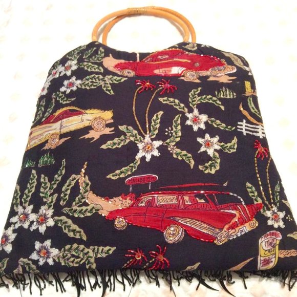 Handbags - Handmade EUC Vintage Bag Bamboo Handles & 1950's sequined Auto Designs